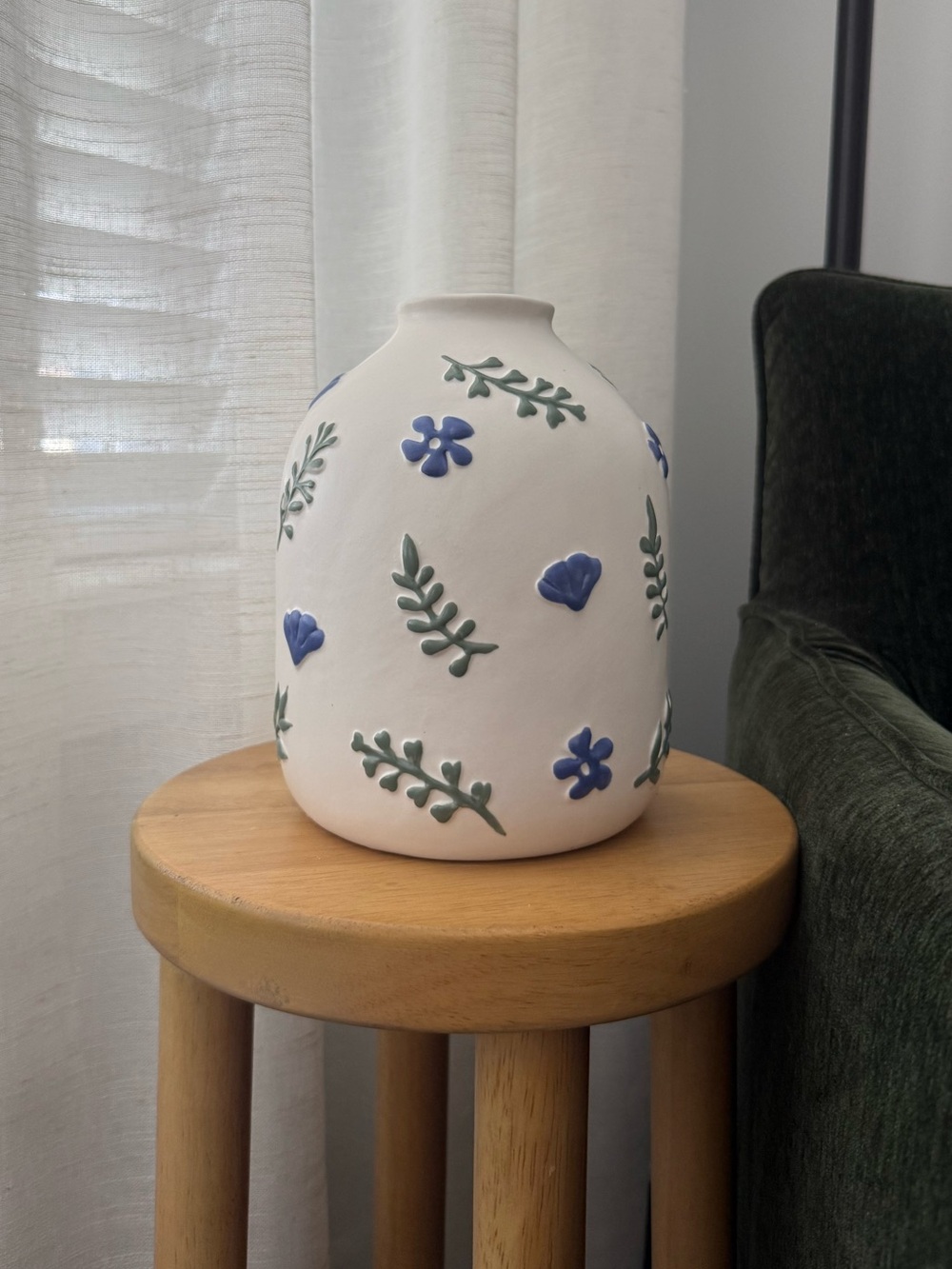 White Ceramic Bud Vase with Blue Floral